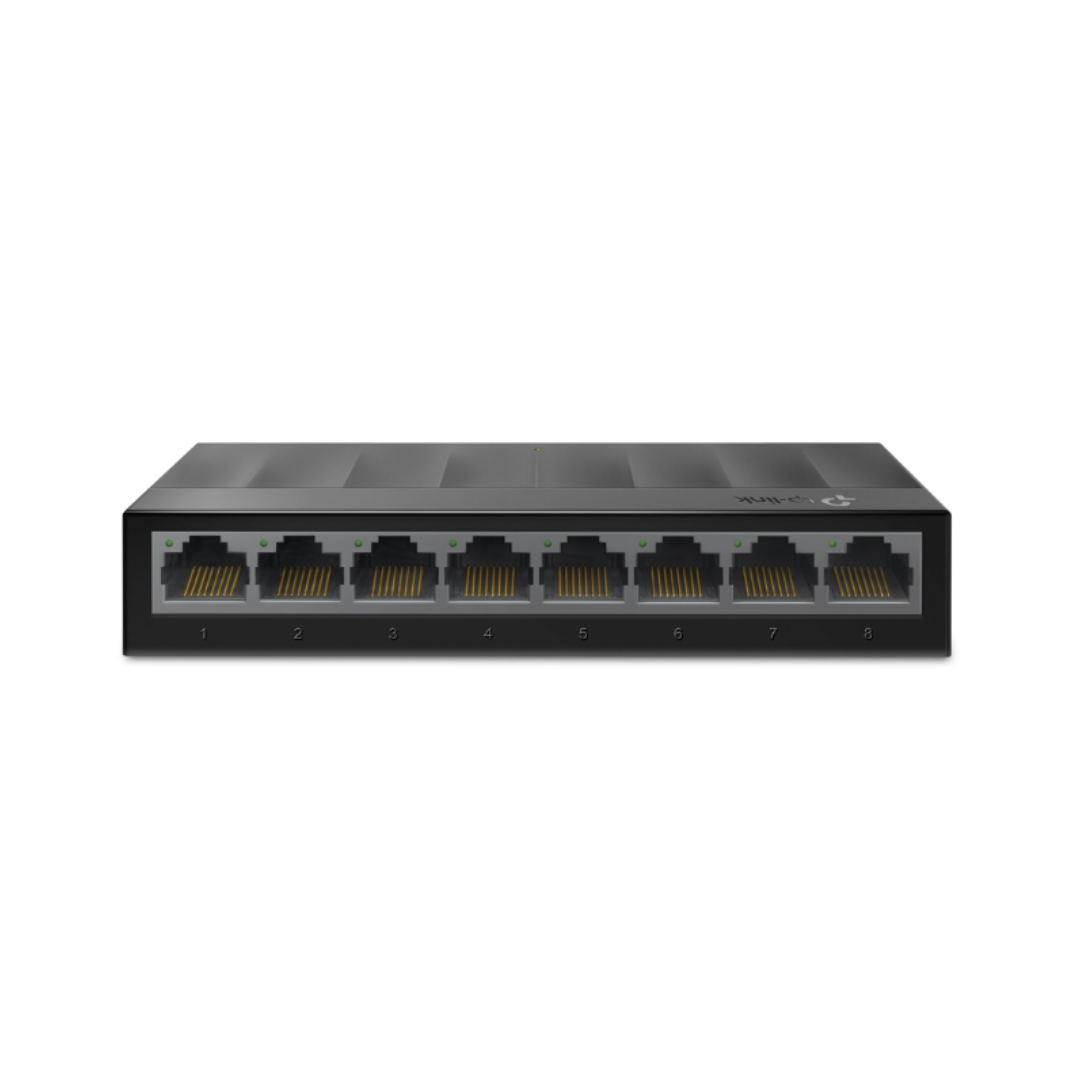 Black network switch with eight ports on a white background